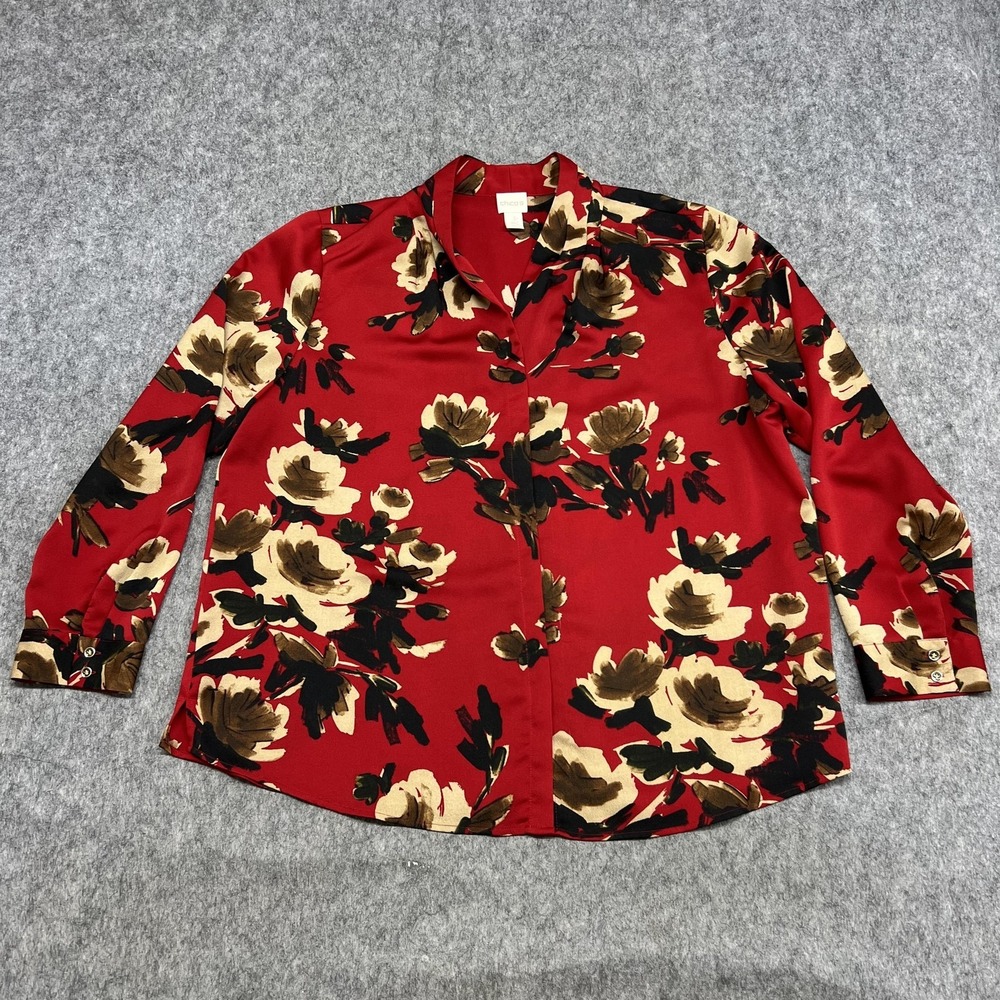 Chicos Shirt Womens 3 Red Floral Button Front Pleated Collared Blouse Top Preppy